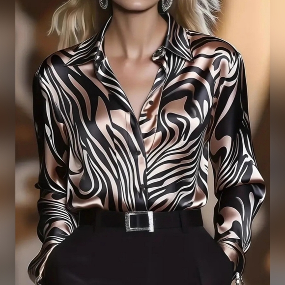 Lovely Rosetta Tops - Silky Zebra-Print Button-Up Blouse - Brown & Champagne